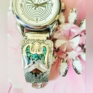 Navajo 925 Silver Tips With Inlaid Coral & Turquoise - Silver Indian Maze Watch